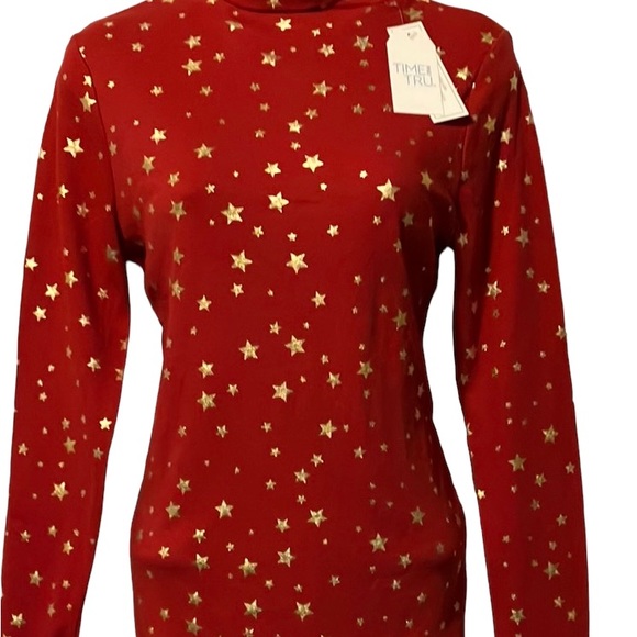 NWT Time and Tru red long sleeve turtleneck with gold foil stars - Picture 2 of 6